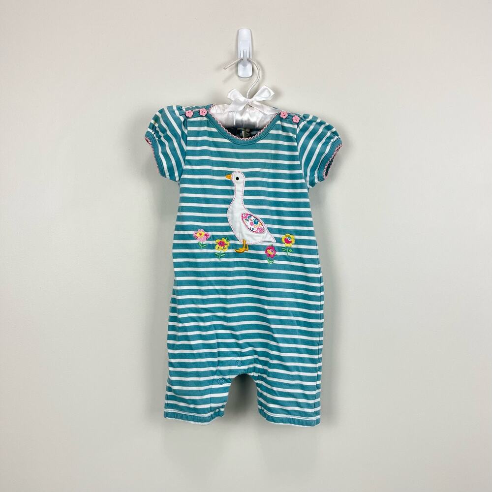 JoJo Maman Bebe Striped Applique Duck Shortall Romper 6-12 Months
